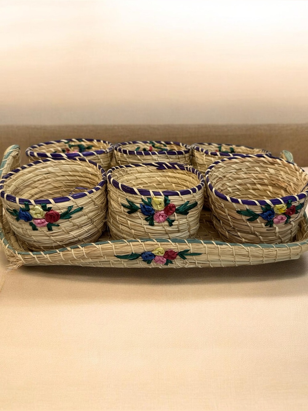 Handwoven Natural Straw Basket Set with Purple Trim and Floral Embroidery